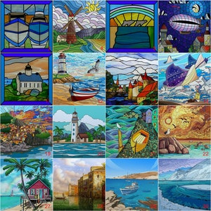以下が含まれることがあります： 海、海の風景、海岸の町など、さまざまなシーンを描いた32枚のステンドグラス風の画像のコレクション。画像はグリッドパターンで配置されており、さまざまな色とデザインが特徴です。