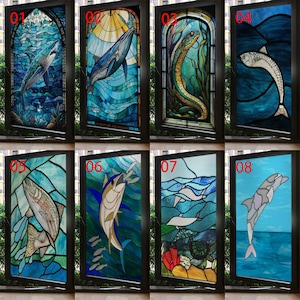 Custom Size Underwater World Stained Glass Window Stickers Fish and Sea Creatures for Door and Window Decor in Home and Office