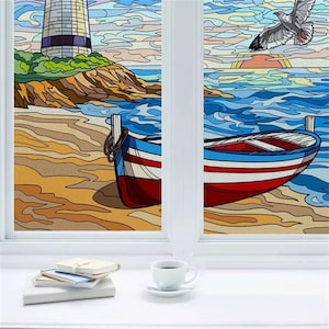 Customized Size Nautical Boat Window Film Ocean-Themed Frosted Stained Glass Static Cling for Home Decorative Foil Window Treatment