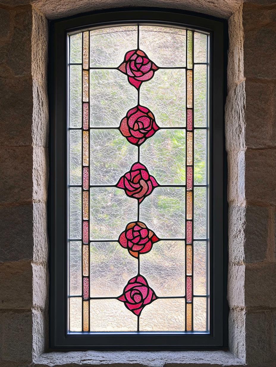 Customized Size Vintage-Inspired Stained Glass Window DecalOrnamental Privacy Film with Vertical Roses for Entryways Sunrooms and Kitchens