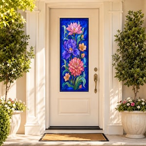Customized Size Colorful Lotus Dahlia Stained Glass Film Dark Blue Floral Privacy Sticker for Tall Narrow Front Entry Wooden Doors