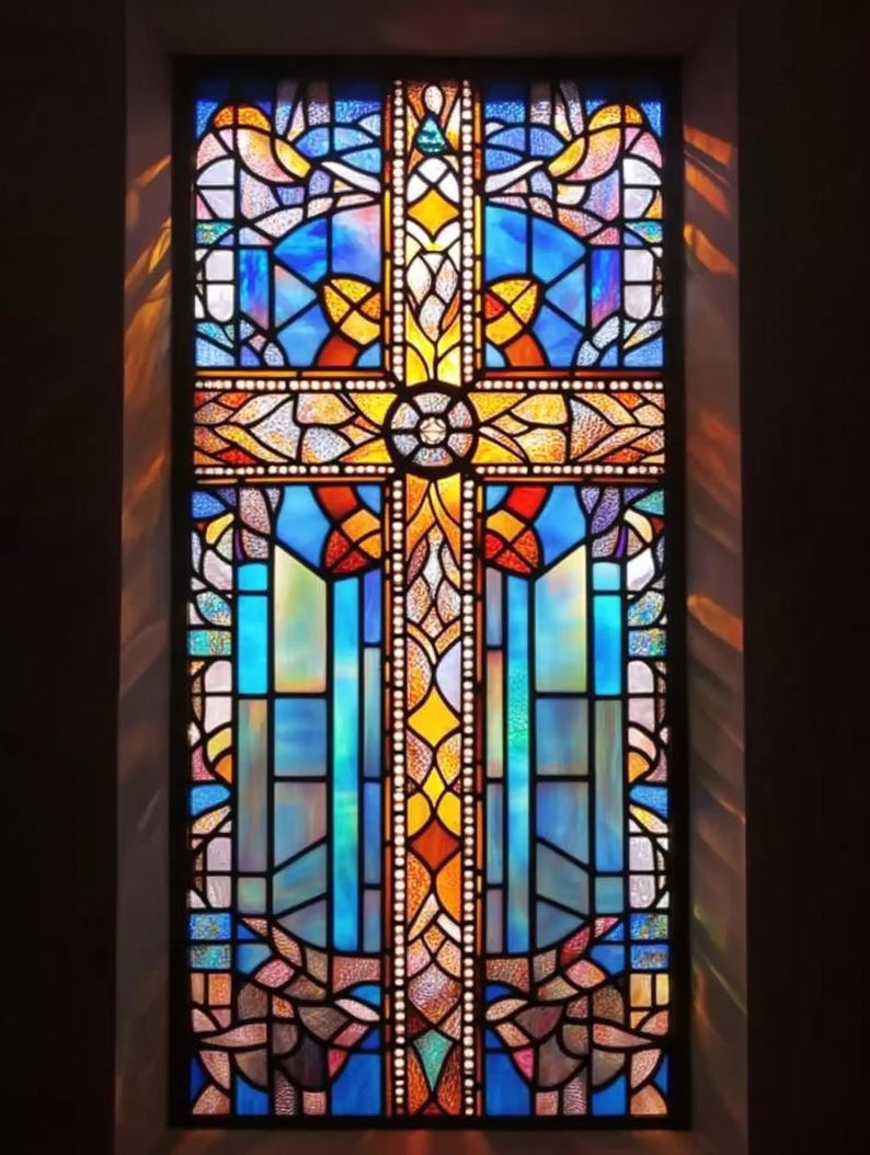 Customized Size Religious Cross Stained Glass Window Decal Colorful ...