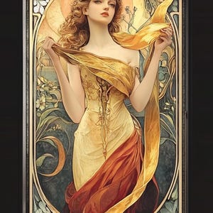 May include: A woman wearing a yellow dress with a gold sash and a crown of flowers. The background features a blue and green floral design.