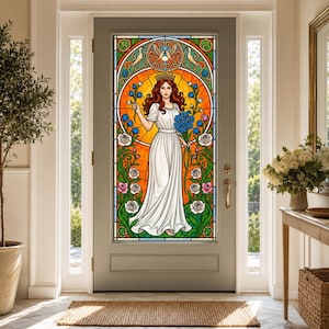 May include: A rectangular stained glass window insert featuring a central figure with long auburn hair wearing a white gown and crown, surrounded by blue and white flowers, green vines, and two birds against an orange circular background.