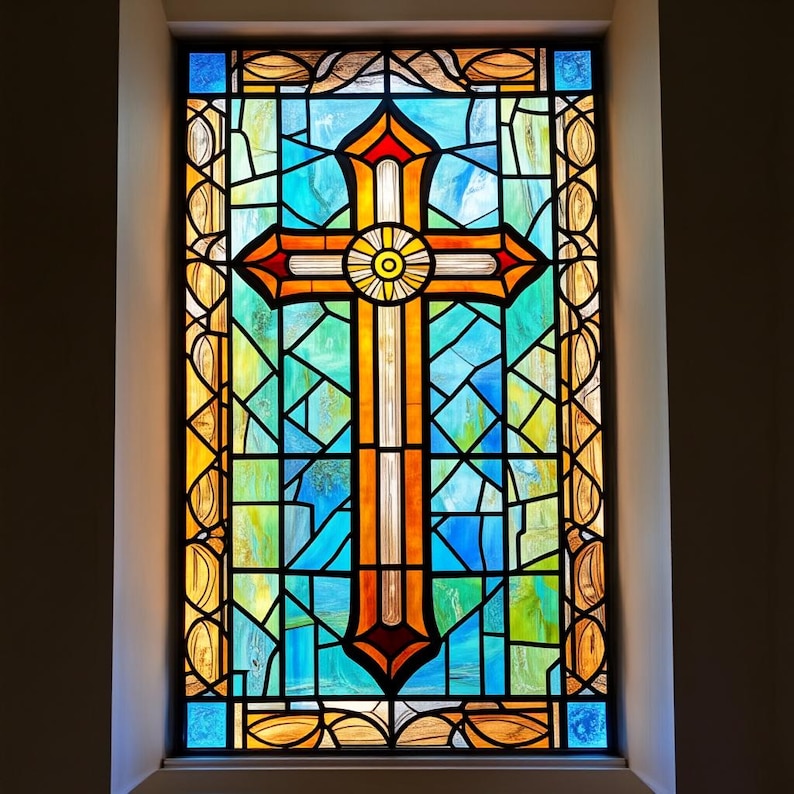 Customized Size Religious Cross Stained Glass Window Film And Door customized-size-religious-cross-stained-glass-window-film-and-door