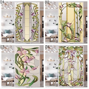 Customized Window Films Stained Glass Window With Purple Floral Pattern Frosted Static Cling Heat-Control Privacy Home Decor