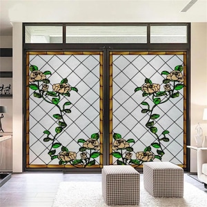 Custom Size Vintage Retro Stained Glass Window Film Frosted Static Cling, Colorful Art Glass for Door Decoration