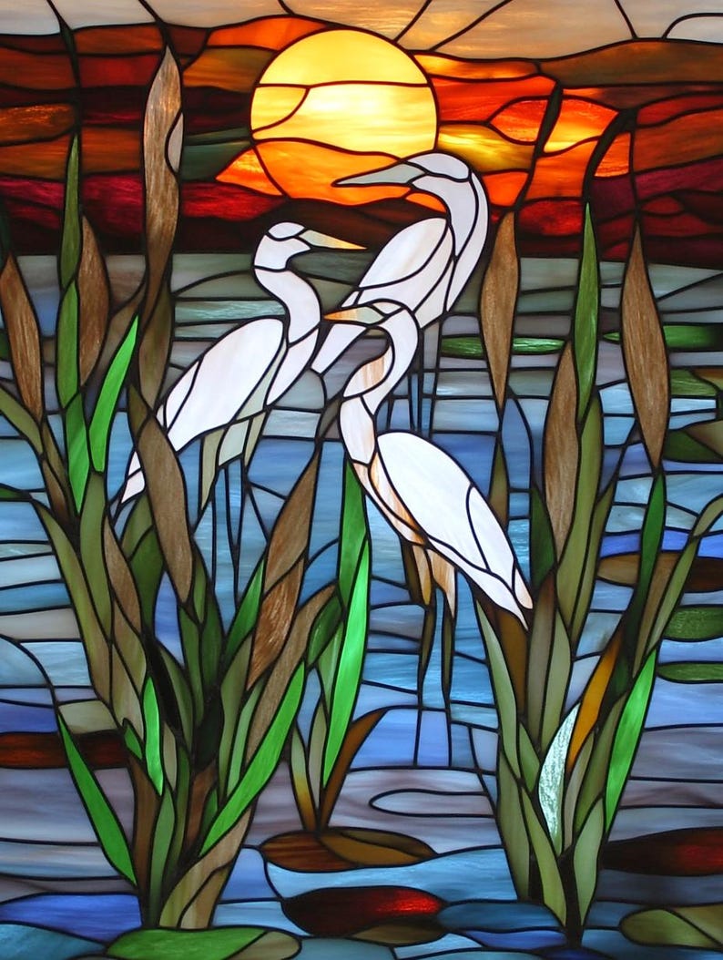 Custom Size Stained Glass Window Film With Elegant Herons and Wetland ...