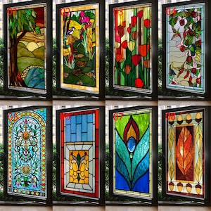 Custom Size Vintage Floral Stained Glass Film Frosted Privacy Window Static Cling Colorful Printing Window Door Sticker