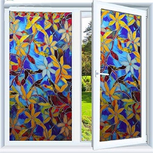 Customized Size Stained Flower Pattern Frosted Window Film Static Cling Heat Control Privacy Protection Removable Window Covering