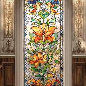 May include: A colourful stained glass window with a floral pattern in shades of orange, yellow, blue, and green. The window is framed in white and set in a wall with decorative features. The design includes stylised flowers and leaves.