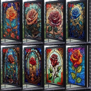 May include: Eight stained glass window designs featuring roses in various colours, including red, yellow, blue, and orange. The designs are framed in black and feature a gothic arch design.