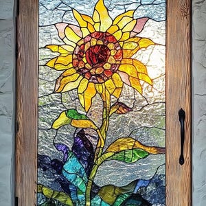 May include: A stained glass window depicting a colourful sunflower with yellow petals, a red centre, and green leaves. The sunflower is set against a background of blue and green glass.