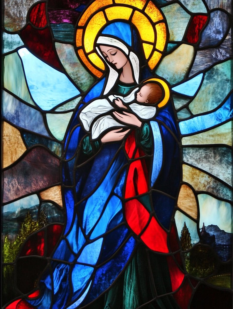 Custom Size Virgin Mary and Infant Jesus Stained Glass Window Film ...