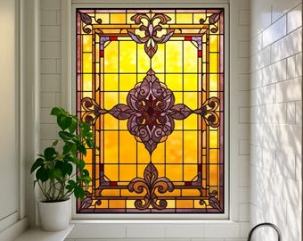 Customized Size Vintage Stained Glass Window Film Yellow Grid Purple Ornate Crest Design, Removable Privacy Static Cling for Bath Decor
