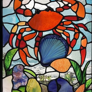 Customized Size Colorful Underwater Stained Glass Window Cling with Crab and Sea Life Non-Adhesive Privacy Film for Doors and Windows