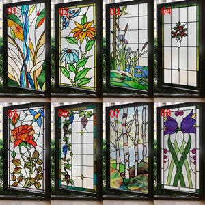 Custom Size Vintage Prairie-Style Stained Glass Film Frosted Privacy Static Cling with Floral Accents for Shower Kitchen and Home Decor