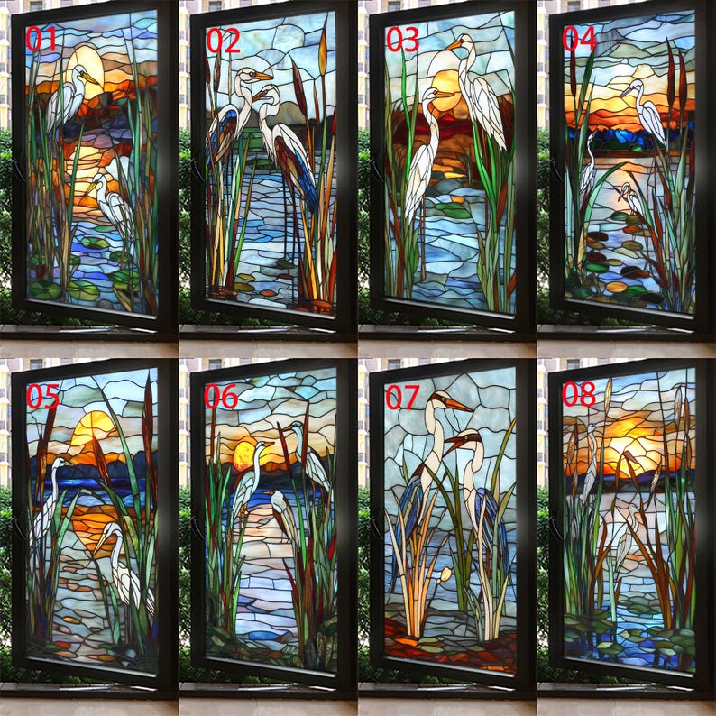 Custom Size Stained Glass Window Film With Herons at Sunset Artistic ...