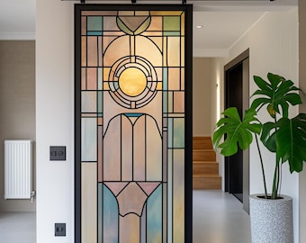 Customized Size Neutral Tone Art Deco Stained Glass Window Film Frosted Privacy Static Cling for Modern Sliding Door Home Decor