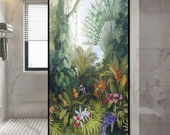 Custom Size Green Plant Pattern Privacy Window Film PVC Frosted Sun-Blocking Glue-Free Static Cling for Glass Sliding Doors and Window Decor