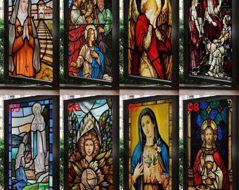 聖母マリアのステンドグラス風窓用ステッカー 光沢あり、半透明、両面