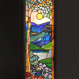 Customized Size Nature Stained Glass Window Film Decorative Privacy Vinyl with Vibrant Landscape of Trees Mountains and Sunset for Home