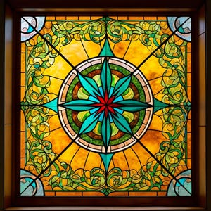 May include: A square stained glass window with a compass rose design. The center features a teal and red starburst, surrounded by green and brown circles. The background is yellow, with green and yellow floral patterns. The window is framed in a dark brown wood.