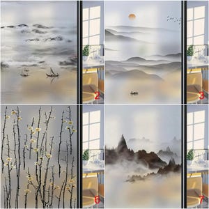 Custom Size Frosted Stained Glass Window Film Privacy Static Cling Door Sticker Bathroom Home Decor Tree and Mountain Scenery