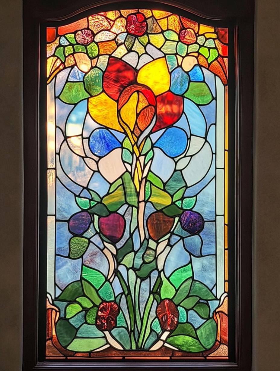 Customized Size Stained Glass Window Insert Arched Design With Blooming ...