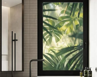 Custom Size Green Plant Window Film Frosted Privacy Glass Anti-UV Glue-Free Static Cling Door Sticker