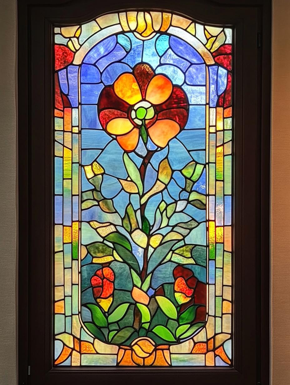 Customized Size Stained Glass Window Insert Arched Design With Blooming ...