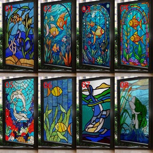 Custom Size Aquatic Themed Stained Glass Window Films Fish and Sea World Stickers for Bathroom Bedroom Office and Home Decor