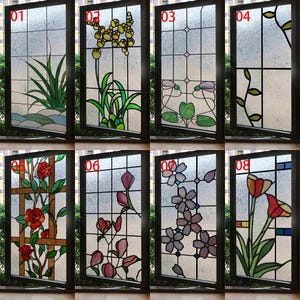 Custom Size Stained Glass Window Film Frosted Privacy Static Cling with Retro Floral Design for Shower Kitchen and Home Decor