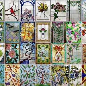 May include: A collection of 25 stained glass window designs featuring various themes, including nature, birds, flowers, and abstract patterns. The designs are colourful and intricate, with a variety of colours and textures.