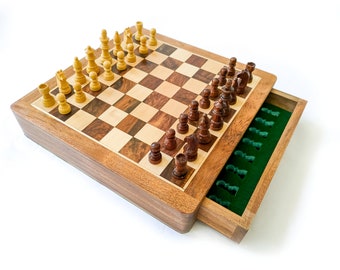 Personalized Handmade Wooden Chess Board 12" with Drawer Storage | Exotic Rosewood Magnetic chess board with storage