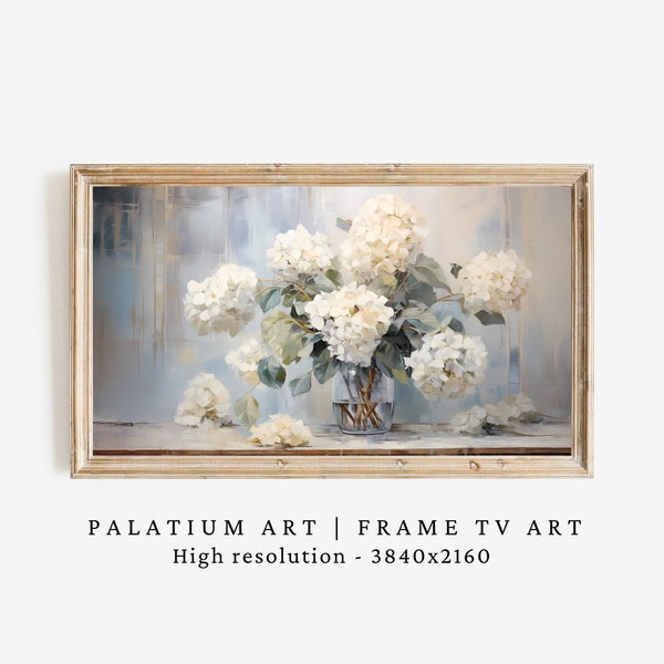 Frame TV Art White Hydrangeas, Still Life Spring Samsung Frame TV Art, Rustic Farmhouse, Holiday Decor, Neutral Floral TV Art, Cottage decor