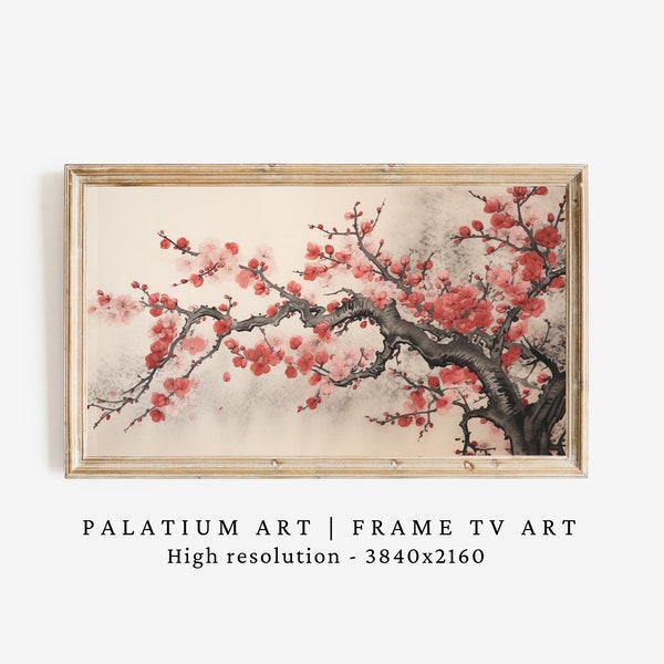 Vintage Japanese Cherry Blossom Art, Samsung Frame TV Art, Summer Decor, Neutral Japanese Wood Block Art Style, Digital Download Painting
