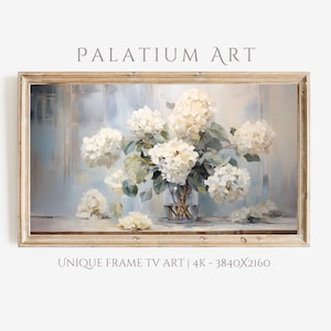 White Hydrangeas Still Life: Rustic Farmhouse Frame TV Art (Digital Download)
