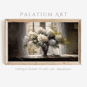 White Hydrangeas Still Life: Rustic Farmhouse Frame TV Art (Digital Download)