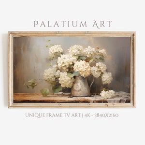White Hydrangeas Still Life: Rustic Farmhouse Frame TV Art (Digital Download)