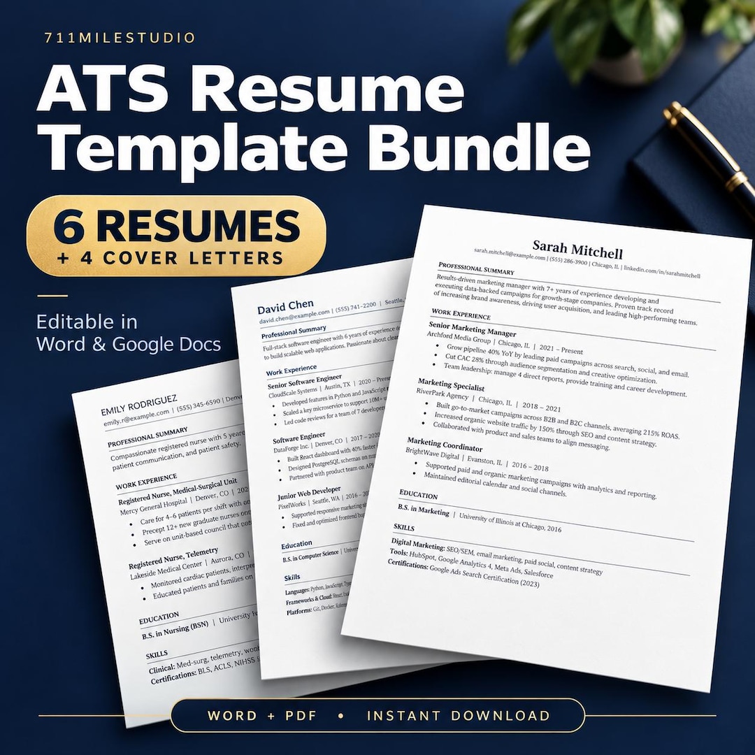 ATS Resume Template Bundle, 6 Professional Resume Templates Word + 4 ...