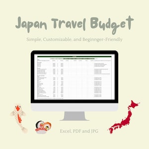 Op de afbeelding: Een computermonitor toont een spreadsheet met de titel "Japan Travel Budget". De afbeelding bevat een illustratie van een koikarper, sushi en een rode kaart van Japan. Tekst luidt "Simple, Customizable, and Beginner-Friendly". Formaten: Excel, PDF en JPG.