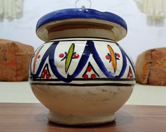 Handmade Moroccan Ashtray, Berber Motif Ceramic, Removable Lid