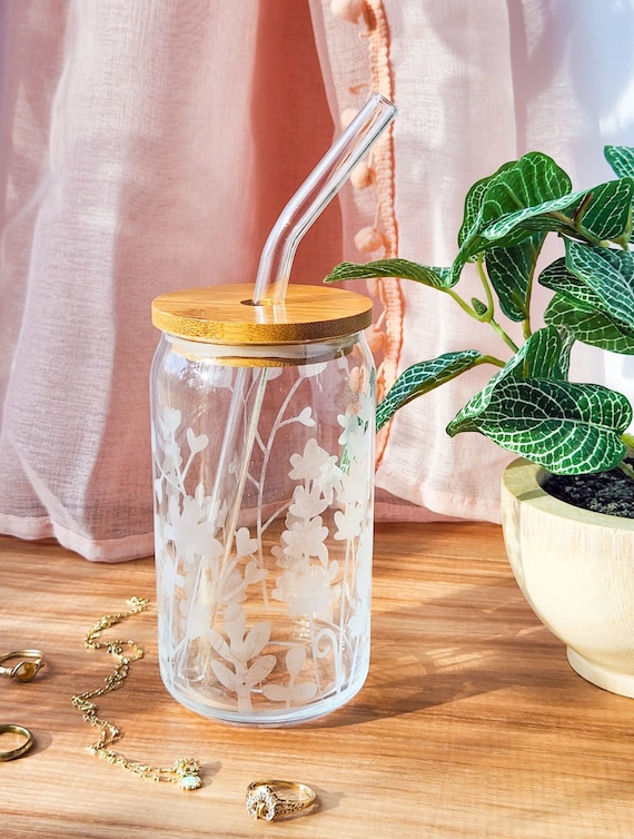 Choose Happiness Glass Tumbler with Bamboo Lid & Straw for Iced