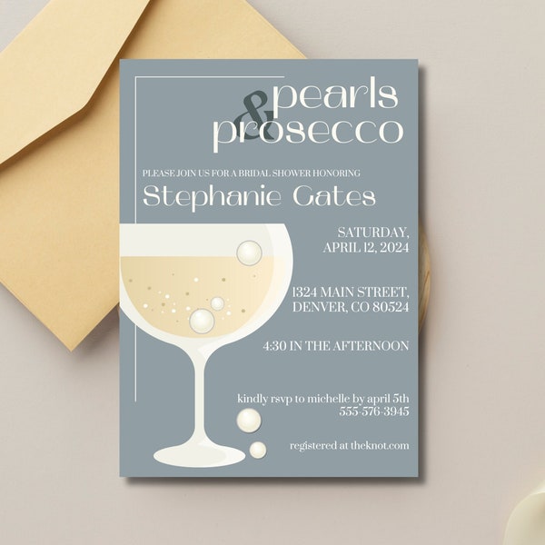 Pearls and Prosecco Bridal Shower Invitation- Editable Canva Download, Printable, Evite, champagne, party, theme, cute, modern, trendy bride