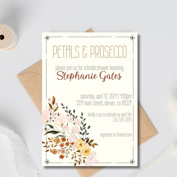Petals and Prosecco Bridal Shower Invitation- Editable Canva Download, Printable, Evite, champagne drink theme, cute, modern, trendy, bride