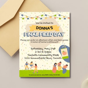 Invito per il pensionamento dell'insegnante FINAL FIELD DAY / Modello Canva modificabile / Tema divertente e carino per la scuola elementare