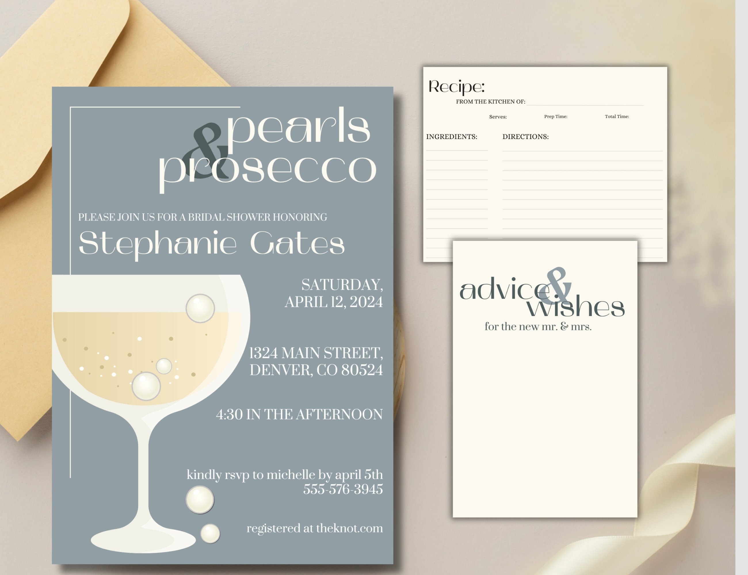 Pearls and Prosecco Bridal Shower Invitation SUITE- Editable Canva ...