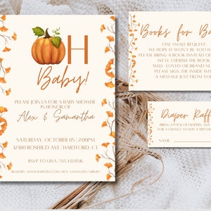 SUITE de invitación de baby shower de calabaza- Descarga de Canva editable, Imprimible, Evite, otoño, otoño, una pequeña calabaza está en camino, invitar