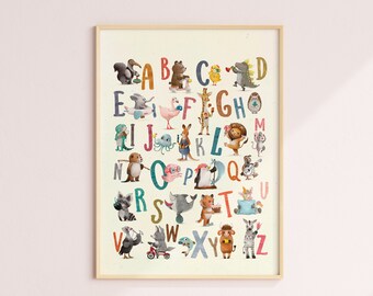 Cartel del alfabeto imprimible DIGITAL con animales lindos para la habitación de los niños y guarderías, impresión de arte de la sala de juegos Descarga digital Impresión del alfabeto